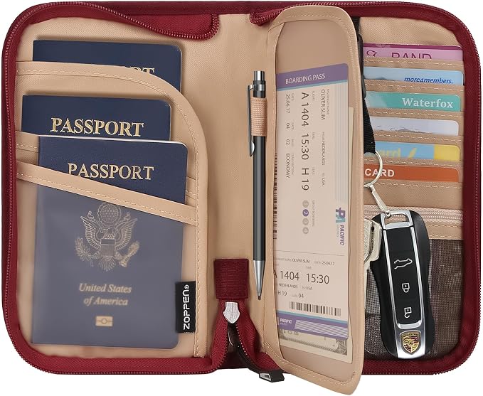 Passport Holder Family RFID Passport Wallet, Passport Holder Women/Men, Travel Wallet Documents Organizer Zipper Case with Removable Wristlet Strap, Travel Essentials for Flying