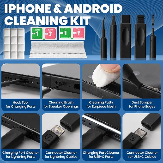 Upgrade Phone Cleaning Kit 47PCS, iPhone Cleaning Kit, Airbud AirPods Cleaning Kit, Keyboard, Charging Port Cleaner for Apple Lightning/Android USB-C - Includes Putty, Cloth & Wipes (Black)