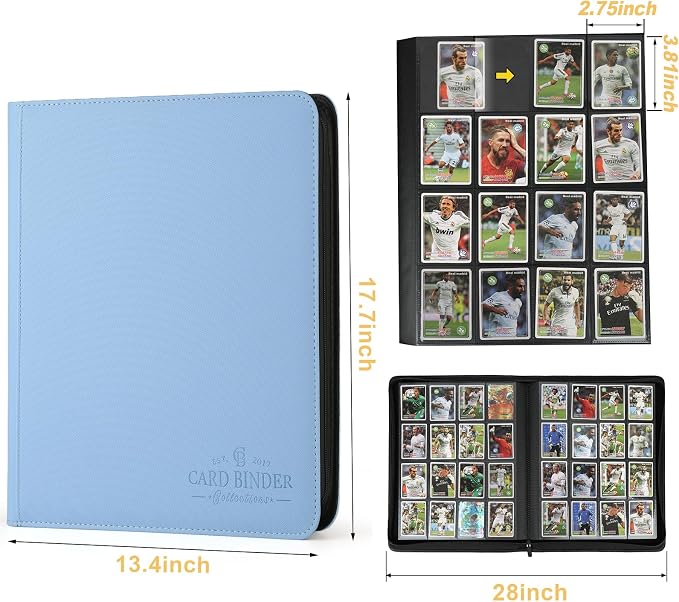 16-Pocket Business Card Binder holds 1024 Cards, Premium Diamond PU Leather Name Card Holder Organizer with Zipper, Black Sleeves Side Loading Card Book for Collectors & Office(light blue)