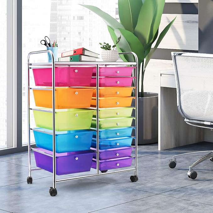 GLACER 15 Drawers Rolling Storage Cart, Steel Frame Craft Organizer Cart | Utility Cart w/Lockable Wheels & Sleek Handle, Mobile Art & Tool Supply Trolley for Teacher, Home, School, Office (Rainbow)