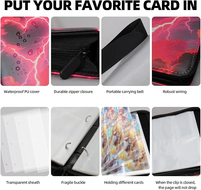 Collectible Trading Card Albums,4 Pocket Card Binder, 400 Double Sided Pocket PU Premium Zip Trading Collection Binderwith 50 Removable Sleeves, Card Folder forTCG, Sports Cards (Red& Blue & white)
