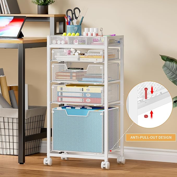 Rolling File Cart with 4 Storage Drawers, Under Desk Filing Cabinet with DIY Divider, Hanging File Folder Organizer on Wheels, Fits A4/Letter Size, Metal Utility Cart for Home Office, White