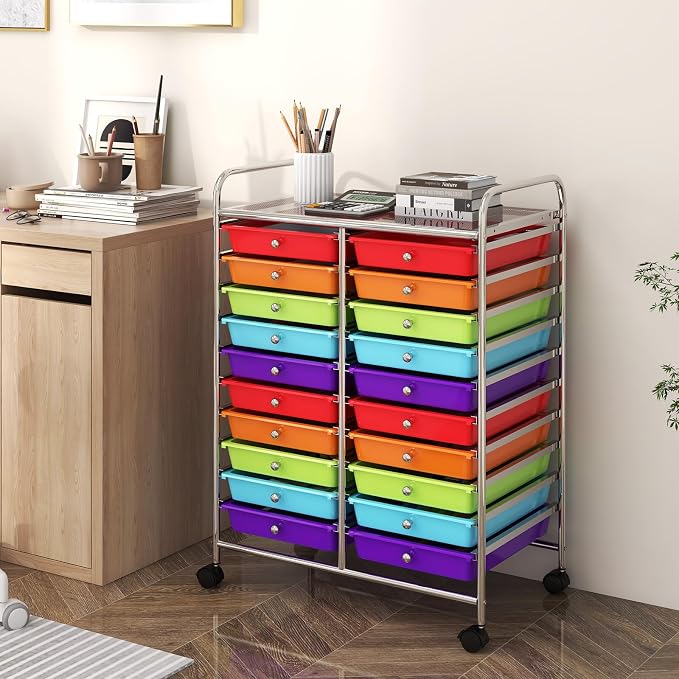 RELAX4LIFE 20 Drawer Rolling Storage Cart, Mobile Rolling Cart w/Drawers for School Classroom Teacher Office Home Salon, Paper File Art Supply Craft Organizer, Utility Cart on Wheels (Multicolor)
