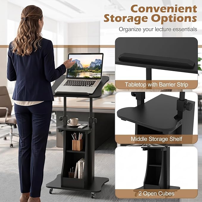 Tangkula Mobile Lectern Podium, Height Adjustable Podium Stand, Standing Sit-to-Stand Desk, Rolling Cart Laptop Desk with Swivel Top Movable Wheels & Storage