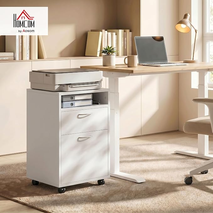 HOMCOM Mobile Storage Cabinet Organizer, Bathroom Drawer Cabinet, White | Printer Stand, Castors