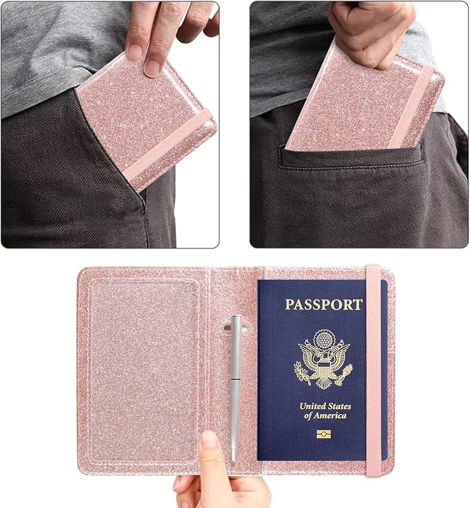 ACdream Unisex Faux Leather Passport and Vaccine Card Holder, Glitter Rose, RFID Blocking, Protects Valuable Information