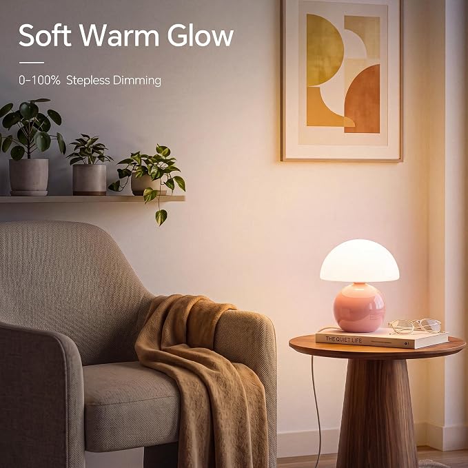 Mushroom Lamp Table Lamp for Bedroom-Small Desk Table Lamps,Pink | 8.7" Mid Century Modern Table Lamps for Living Room Bedroom Decor,Cute Ceramic Lamps for Mushroom Home Room Decor,Glass Shade