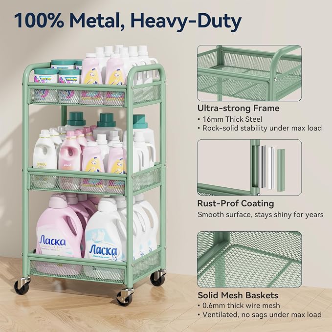 3 Tier Metal Rolling Cart, Green Utility Storage Cart with Wheels | Metal Mesh Craft Cart With Hooks & Hanging Cups, Ideal For Kitchen, Bathroom, Office, Dorm, Art Workspace, Bedside Storage