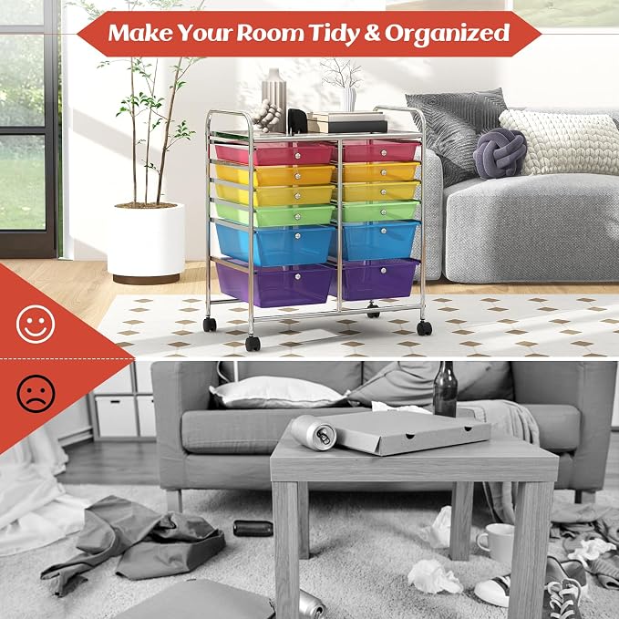COSTWAY 12-Drawer Rolling Storage Cart, Moveable Art Craft Organizer | Lockable Wheels, Metal Shelf, Files Arrangement Tools Makeup Storage Cart for Office, Home, School (Rainbow)