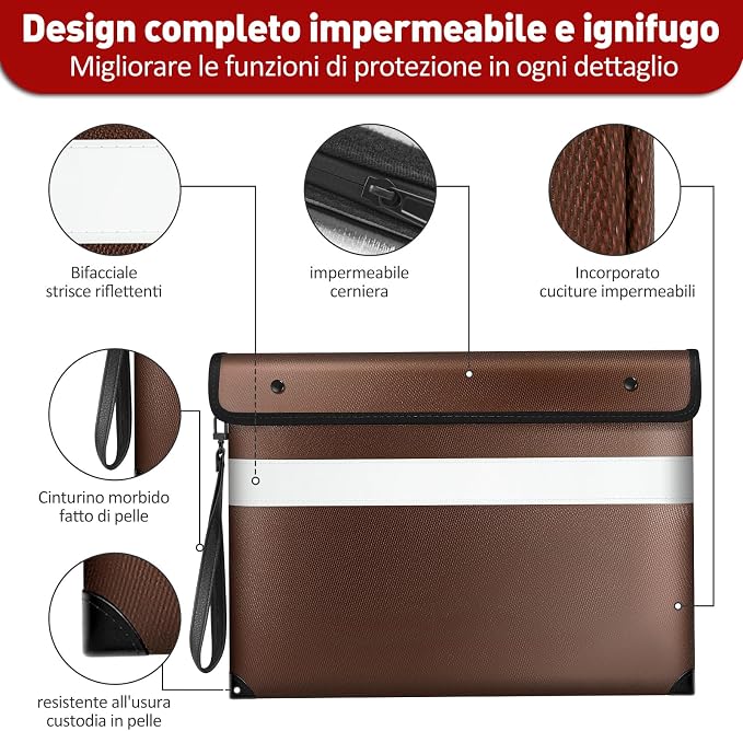 Vailoin 6200°F Fireproof Document Bag, 8 Layers of Heat Insulated Materials | Double-sided Reflective Strip, Waterproof Zipper,Certified to SGS UL94 V-1, for Tablet, Cash, A4-sized documents（Brown）