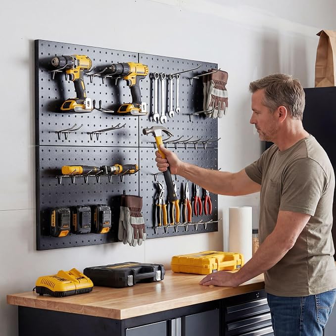 Heavy Duty Peg Board, 4 Pack Metal Pegboard Panels with 50 Hooks | Black Pegboard Organizer - Wall Mount Storage System for Garage and Garden Tools, Workbench, Office & Home Organization