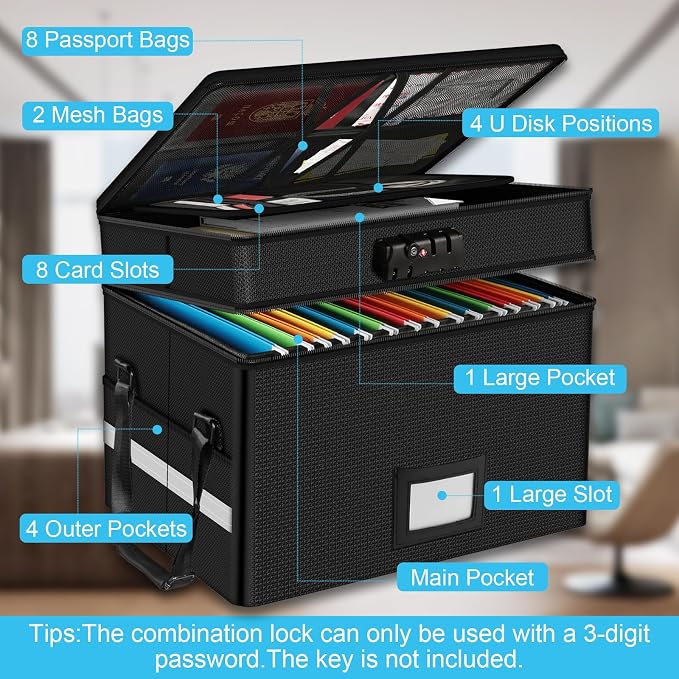 2 Layer Fireproof Document Box with Lock for Letter/Folder/Certificate | Fireproof to 2000°F, Waterproof, Large Capacity, Night Reflective Strip, Adjustable Handle, Foldable, Anti-static Material
