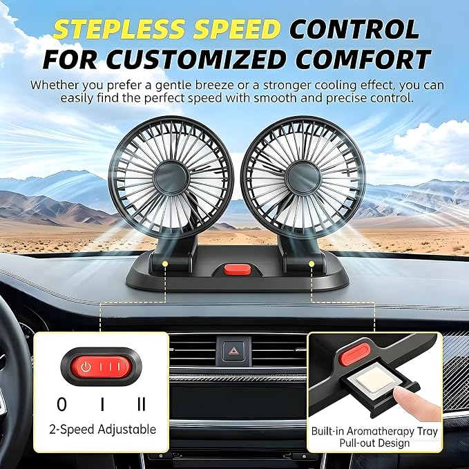Dual Head 5V Car Fan for SUV Truck RV with No AC,Adjustable Car Cool Fan, Dual Head Design, 2-speed Adjustable, 360° Rotating Portable Car Fan,Powered by USB