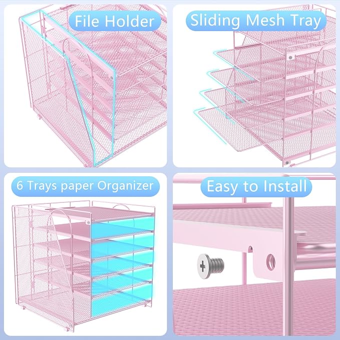 gianotter 6-Tier Paper Organizer With Magazine Holder | Desk Organizers and Accessories, File Organizer for Office Supplies Storag (Pink, 6-Tier)