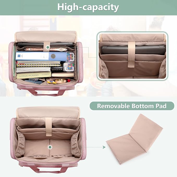 LUXJA Rolling Teacher Bag with Wheels and 15.6" Laptop Compartment, Pink | Rolling Briefcase for Women, Teacher Tote Bag for Office Work with Detachable Dolly and Shoulder Strap, Ample Storage Pockets