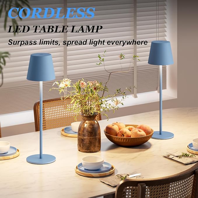 Kakanuo Cordless Table Lamp Rechargeable Blue - KK 2 Pack 5000mAH Battery Operated Lamp for Dining Table, 3 Color Stepless Dimming Wireless Lamp for Counter, Outdoor Patio, Touch Control