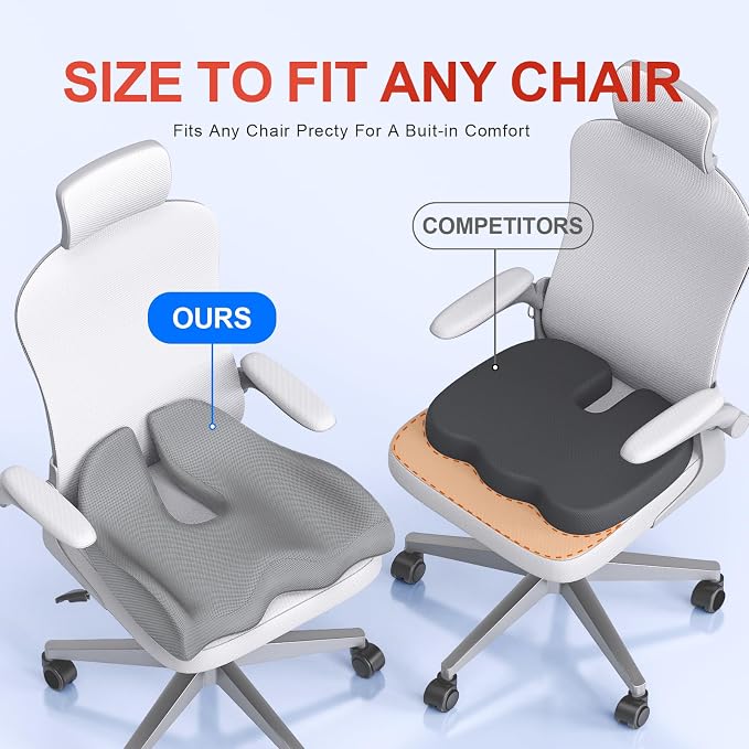 Benazcap XL Ergonomic Seat Cushion Relieves Sciatica & Tailbone Pain | Memory Foam cushion, washable cover & anti-slip base, long-sitting pad for office, gaming and car seats Gray
