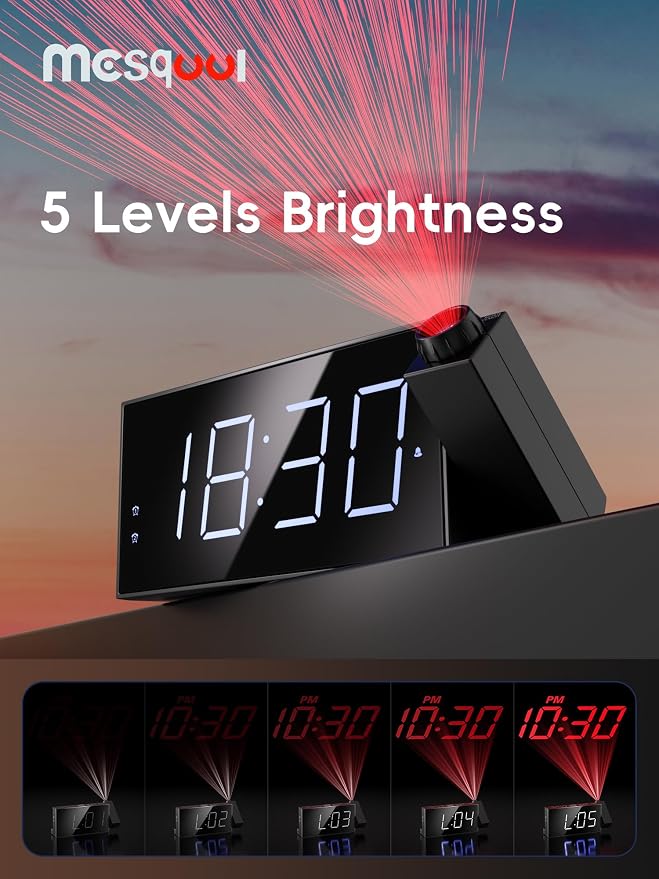Mesqool Projection Alarm Clock with Bed Shaker, Dual Alarms, 180° Projector, 5-Level Dimmer, USB Phone Charger, Battery Backup, Loud Vibrating Alarm Clock for Heavy Sleepers, Snooze, DST