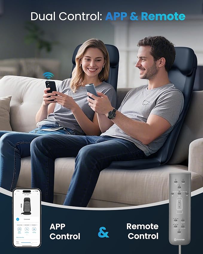 COMFIER Shiatsu Massage Cushion with Heat,2D/3D Shiatu Back Massager with App Control,Deep Tissue Kneading Massage Chair Pad with Vibration,Back Massager for Chair,Gifts for Dad,Mom