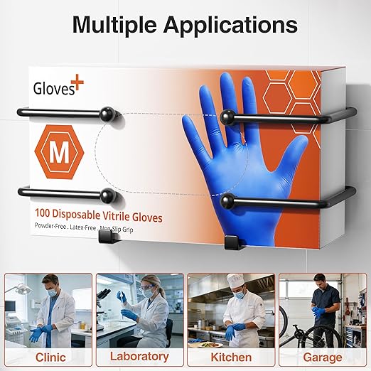 Adhesive Glove Box Holder Wall Mount, Metal Gloves Dispenser, Black | For Latex & Nitrile Boxes, No-Drill Tissue & Wipes Organizer for Lab, Kitchen, Bathroom