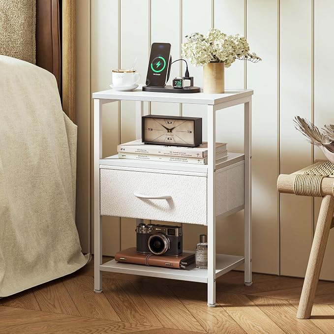 SUPERJARE Nightstand with Charging Station, Bed Side Table with Adjustable Fabric Drawer, Night Stand for Bedroom, 3-Tier Storage End Table, for Living Room, White | Night Stand for Bedroom, with Adjustable Fabric Drawer, 3-Tier Storage End Table, for ...