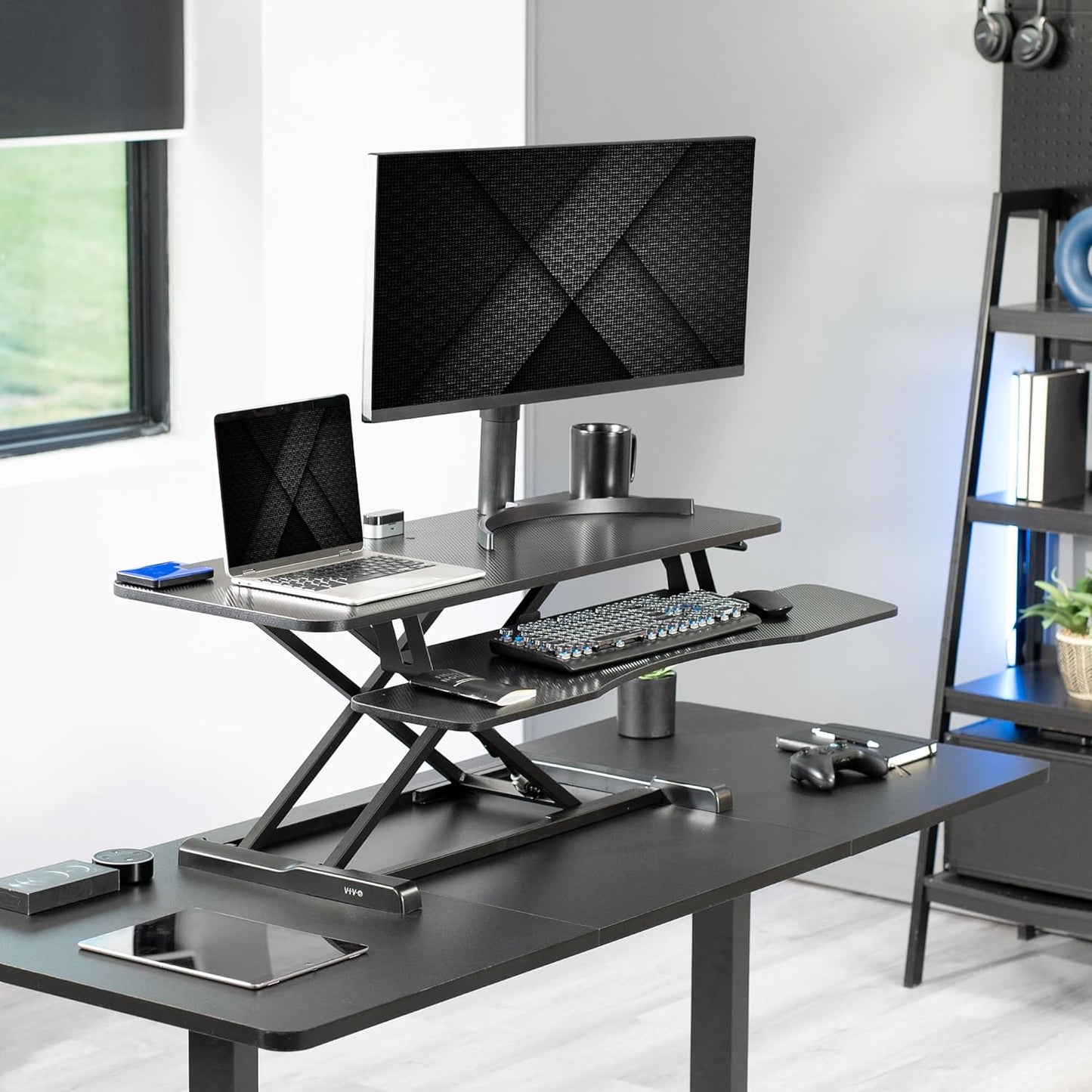 VIVO 42 inch Desk Converter, K Series, Height Adjustable Sit to Stand Riser, Dual Monitor and Laptop Workstation with Wide Keyboard Tray, Black Carbon Fiber Top, Black Frame, DESK-V042KR