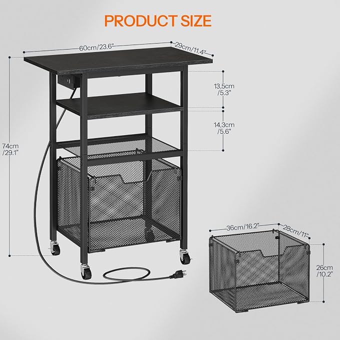 HOOBRO Printer Stand with Hanging File Drawer, Rolling Printer Cart on Wheels, Mobile Filing Cabinet Storage Shelf, Home Office Desk Side Organizer, Black BB17UPS01