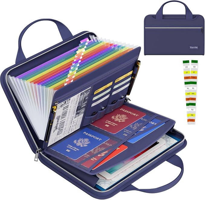 Tamfile Fireproof Accordion File Organizer, Expanding File Folder, Blue | 13 Pocket Colorful, Handle, Zipper & Labels, Multi-Pockets Paper Organizer, for Letter A4 Files, Home, Office, School