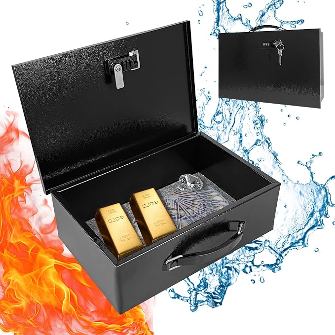 YIYITOOLS Fireproof Lock Box for Documents, Fire Resistant Safe Fire Safe Box with Dual Combination and Key Lock Document Box with Carrying Handle for Personal Items Jewelry Money, Black