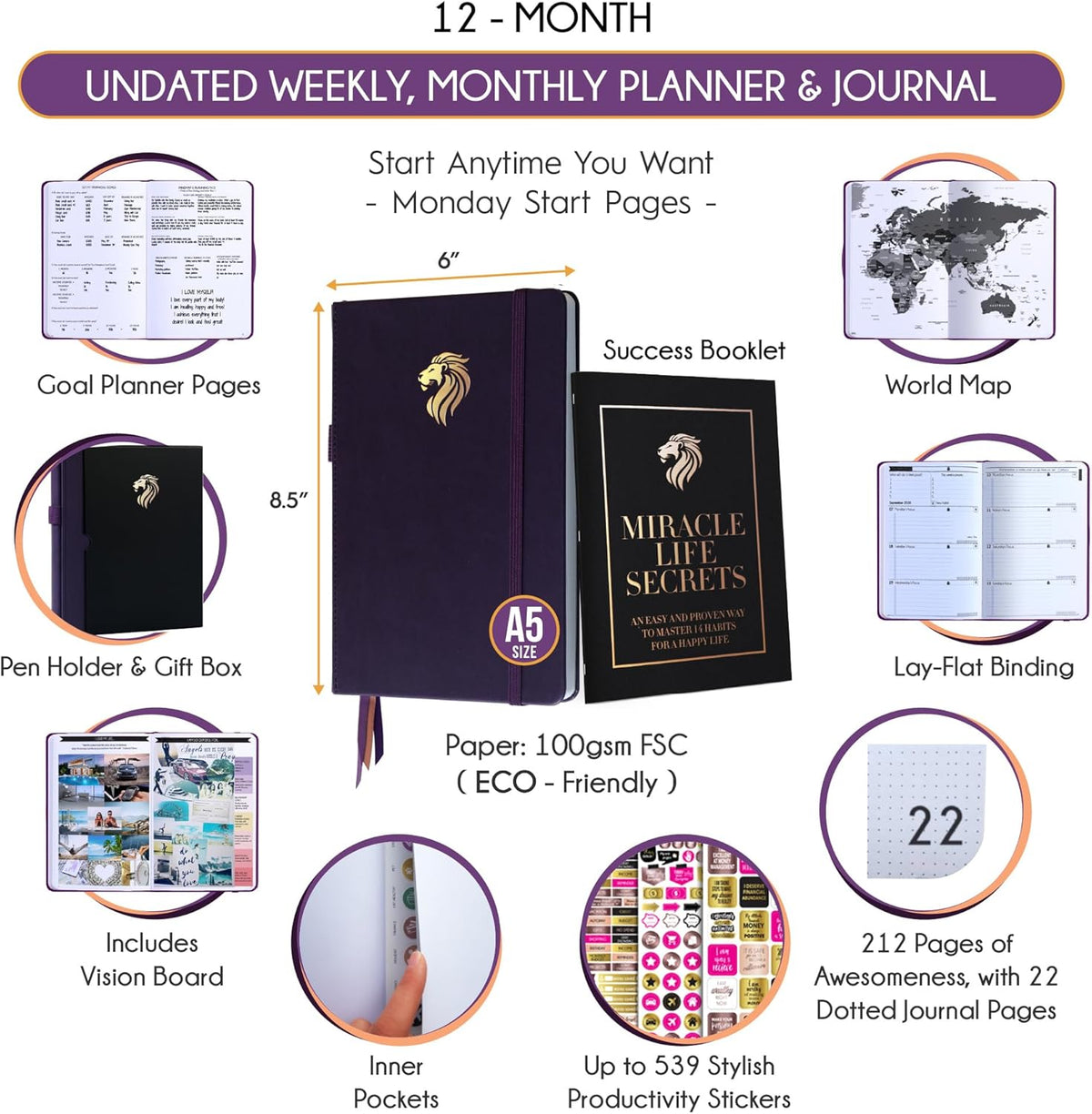 Life Planner - Undated Daily, Weekly & Monthly Planner with Budget Section | A 12 Month Journey to Increase Productivity & Happiness | Life Organizer & Gratitude Journal - Horizontal Format