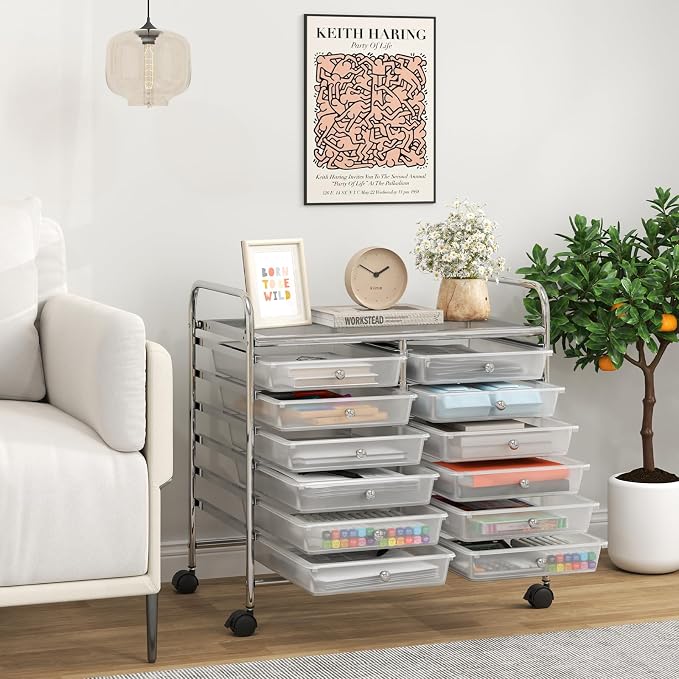 COSTWAY 12-Drawer Rolling Storage Cart, Utility Storage Organizer Cart | For Tools, Scrapbook, Paper, Craft, Multipurpose Art Supply Organizer on Wheels for Home Office School, Teacher, Clear