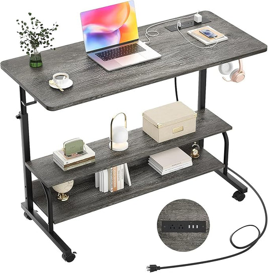 Height Adjustable Standing Desk with Power Outlets, 39" Manual Stand Up Desk with Storage Shelves Small Mobile Rolling Computer Desk Portable Laptop Table with Wheels for Home Office, Grey Oak