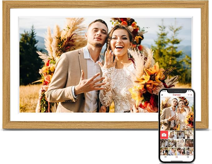 Frameo Digital Picture Frame, Frameo 15.6 Inch Large Digital Photo Frame WiFi, 1920 * 1080 IPS FHD Touchscreen, 32GB, Wall-Mounted, Share Video Picture, Electronic Frame, Mom Gifts, Natural Woodgrain