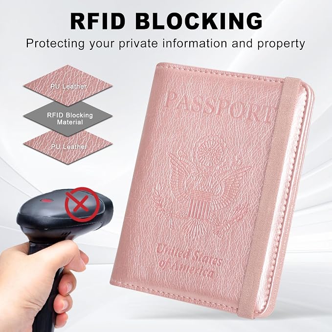 ACdream RFID BLOCKING Passport Holder Travel Wallet, Premium PU Leather Cover Passport Book with Card Holder, Pen Holder, Keep Organization, and Travel Essentials for Women and Men, Rose Gold
