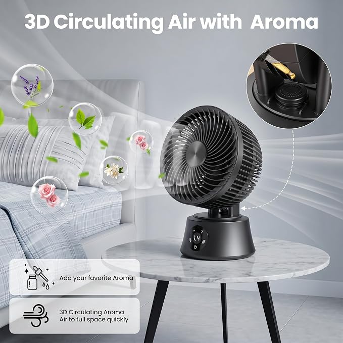 Portable Air Circulator Fan for Bedroom, 13 Inch Automatic 90°+90° Oscillating Fan with 25db Quiet, Remote & Temperature Control, 8 Speeds/Timer, Aroma for Office, Home, Black