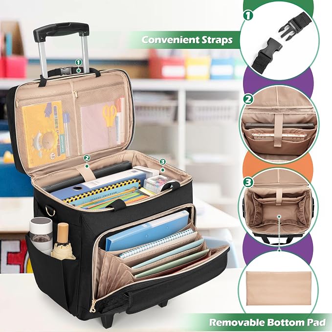LUXJA Rolling Teacher Bag with Wheels and 15.6" Laptop Compartment, Black | Rolling Briefcase for Women with Accordion File Area, Teacher Tote Bag for Work with Detachable Dolly and Shoulder Strap