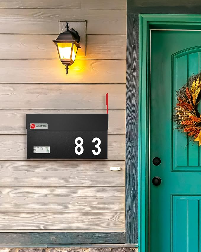 Modern Mailboxes for Outside, Metal Wall Mount Mailbox, with One Flag Kit and Three Sets of Mailbox Number Stickers, 3.9" D×13" W×7.1" H, Rust Resistant Coating Mail Boxes for House, Black AMB06B
