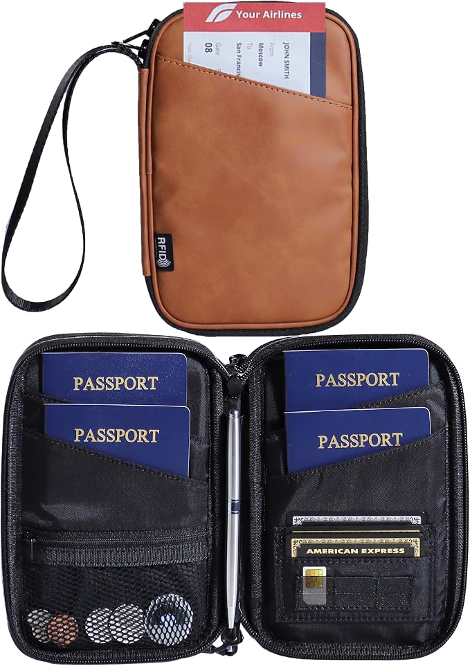 Lagre Family Passport Holder for 4, Brown | Multiple Passport Bag, RFID Blocking, Waterproof with Zipper, For Travel
