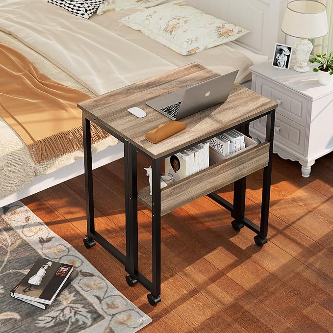 GreenForest Folding Desk with Wheels, 24.8" Rolling Table for Small Spaces | Storage Shelf, Lockable Casters, Compact Portable Workstation, Space-Saving Foldable Sofa Table, Home Office, Mobile, Grey
