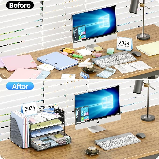 Desk Organizer, 4-Tier Desktop File Organizer with Drawer and Pen Holders, Office Desk Accessories, File Sorters, Workspace Organizers for Office Supplies(Black 2-Pack)