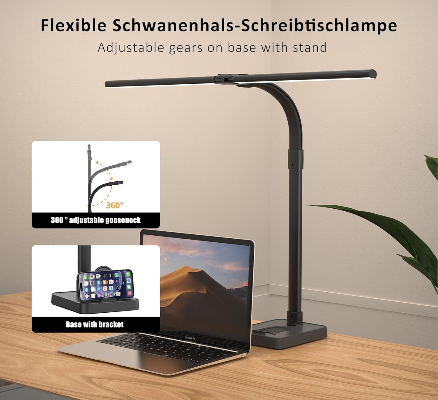 Double Head LED Desk Lamp, Architect Desk Lamps for Home Office, 24W Brightest Workbench Office Lighting-5 Color Modes and 5 Dimmable Eye Protection Modern Desk Lamp (Black-Desktop, Big)