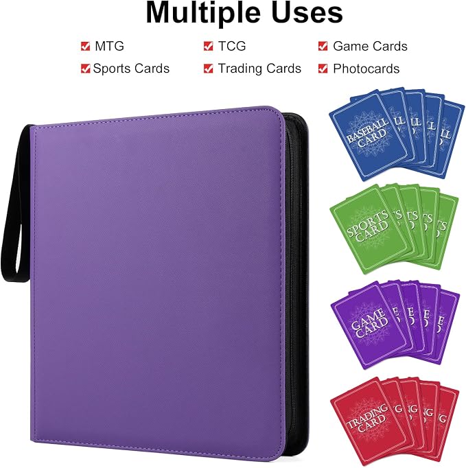 GEAoffice 12 Pocket Card Binder - Sturdy PU Cover Trading Card Binder, 30 Side Loading Pages, Card Collection Album for YuGiOh, MTG, TCG, Games&Sports, Zip Close, Ringless, Non-PVC, Purple