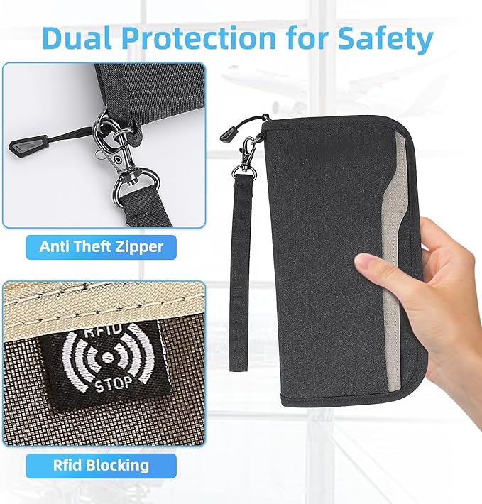 Passport Holder Family RFID Passport Wallet, Passport Holder Women/Men, Travel Wallet Documents Organizer Zipper Case with Removable Wristlet Strap, Travel Essentials for Flying