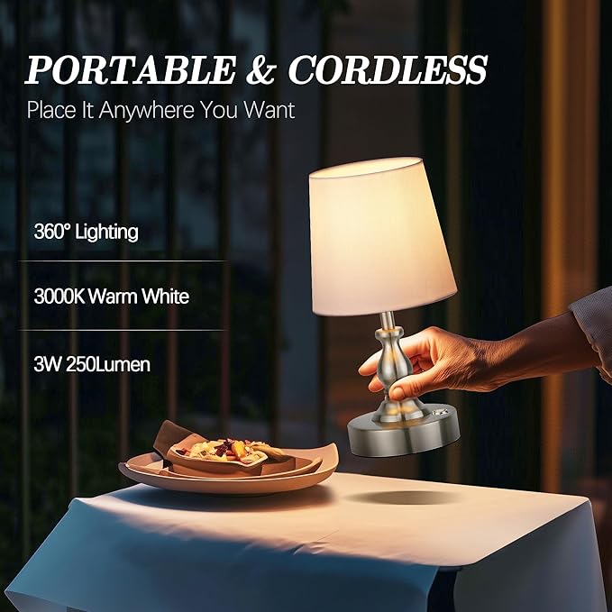 Mini Cordless LED Table Lamp, 5200mAh Rechargeable Battery Operated Lamp, 3-Level Brightness, Touch Dimmable Desk Lamp, Bedside Night Light for Patio Camping Restaurant Home, Brushed Nickel