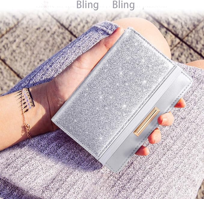 Coco Rossi Passport Holder for Travel Women Slim RFID Passport Cover Wallet | Travel Essentials, Passport Book Holders, Passport Wallet Cover Case, PU Leather, Cute, Thin, Spliced Design, Glitter Silvery