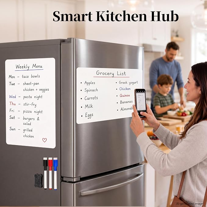Magnetic Whiteboard for Kitchen Fridge: 2-Pack for a Clearer Week | Dry Erase Sheets for Shopping Lists & Weekly Menus - 12" x 18" Dual Purpose Refrigerator Set with 3 Markers & 1 Eraser