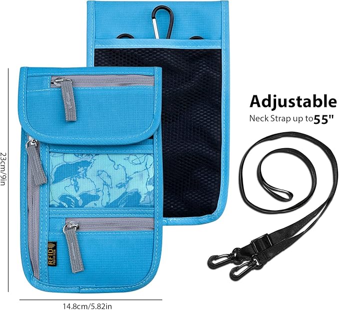 Travel Neck Wallet, RFID Blocking Passport Holder with Adjustable Neck Strap for Men and Women to Keep Cash, Credit Cards and Travel Documents Safe - Blue