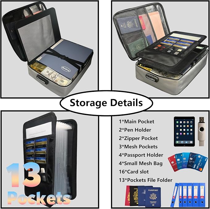 Yuanshikj Portable Fireproof Waterproof Document Organizer with Lock,Grey | 3 digit Code,15.1"x11.2"x4.3",Heat Insulated Fire＆Water-Resistant Box 13 Layers File, Home Travel Safe Storage for Important