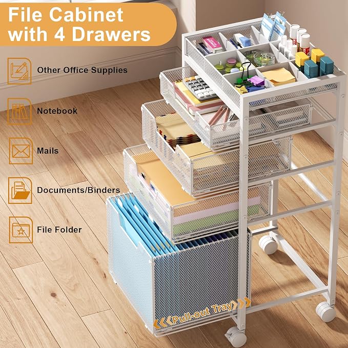 Rolling File Cart with 4 Storage Drawers, Under Desk Filing Cabinet with DIY Divider, Hanging File Folder Organizer on Wheels, Fits A4/Letter Size, Metal Utility Cart for Home Office, White