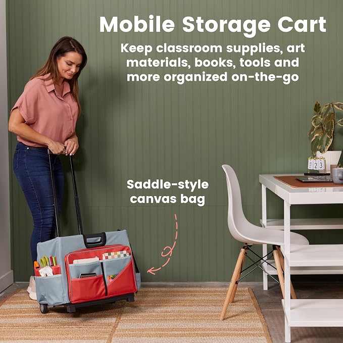 ECR4Kids Universal Rolling Cart with Canvas Organizer Bag, Mobile Storage, Red/Grey | Durable plastic, 30 compartments, adjustable handle, 40 lb capacity, collapses to 3" thick, rolling wheels for easy transport